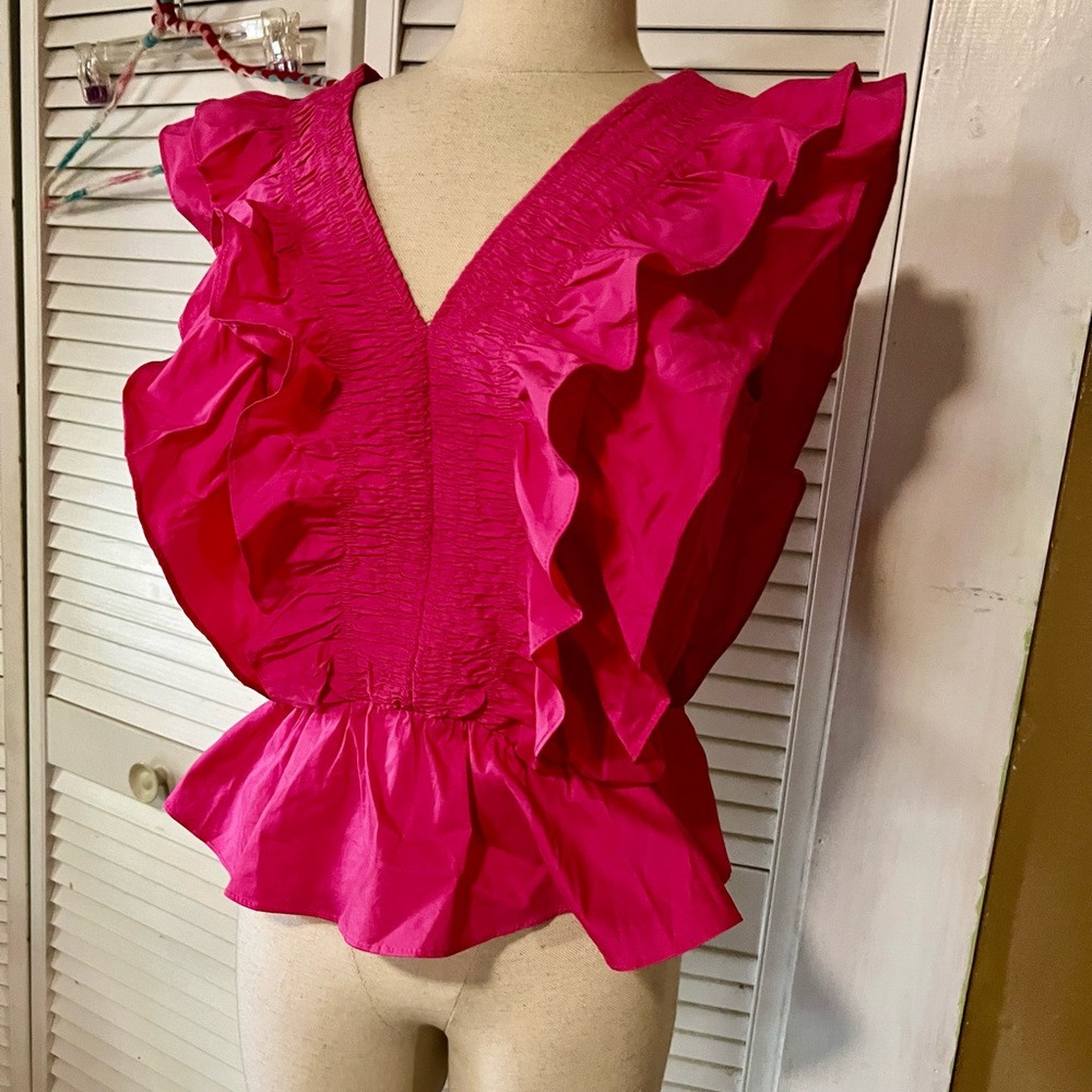 Bright Pink Ruffle V-Neck Peplum Top